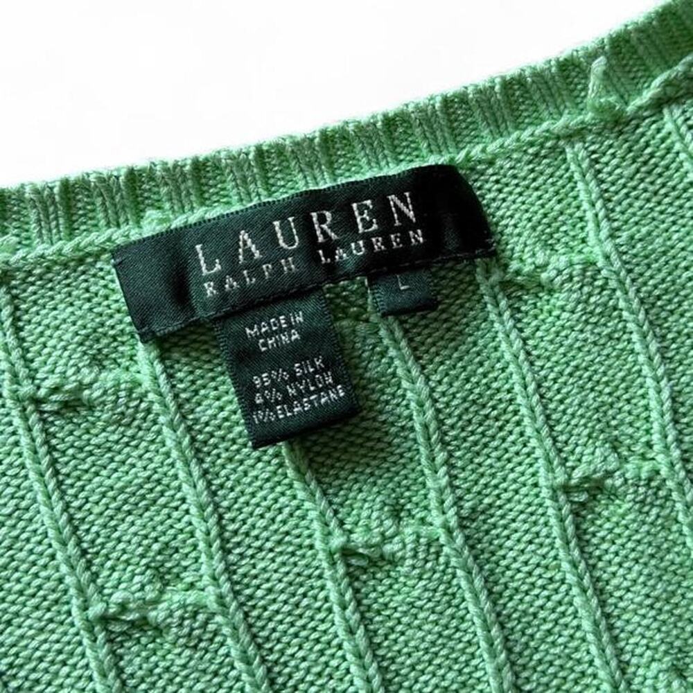 RALPH LAUREN Vintage Silk Green Cable Knit V Neck Preppy Luxury Sweater Size L - Picture 7 of 8